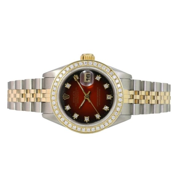 ROLEX DATEJUST RED VIGNETTE SQUARE DIAMOND DIAL 18KY TWO-TONE 26 MM 69173 - Picture 4 of 7